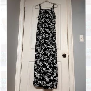 Black topical print maxi dress from Old Navy w/ a low slit on the left side.
